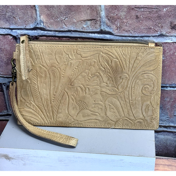 Vintage American Leather Co The Essential Wristlet Wallet Tan‎ Floral Design - Picture 1 of 11